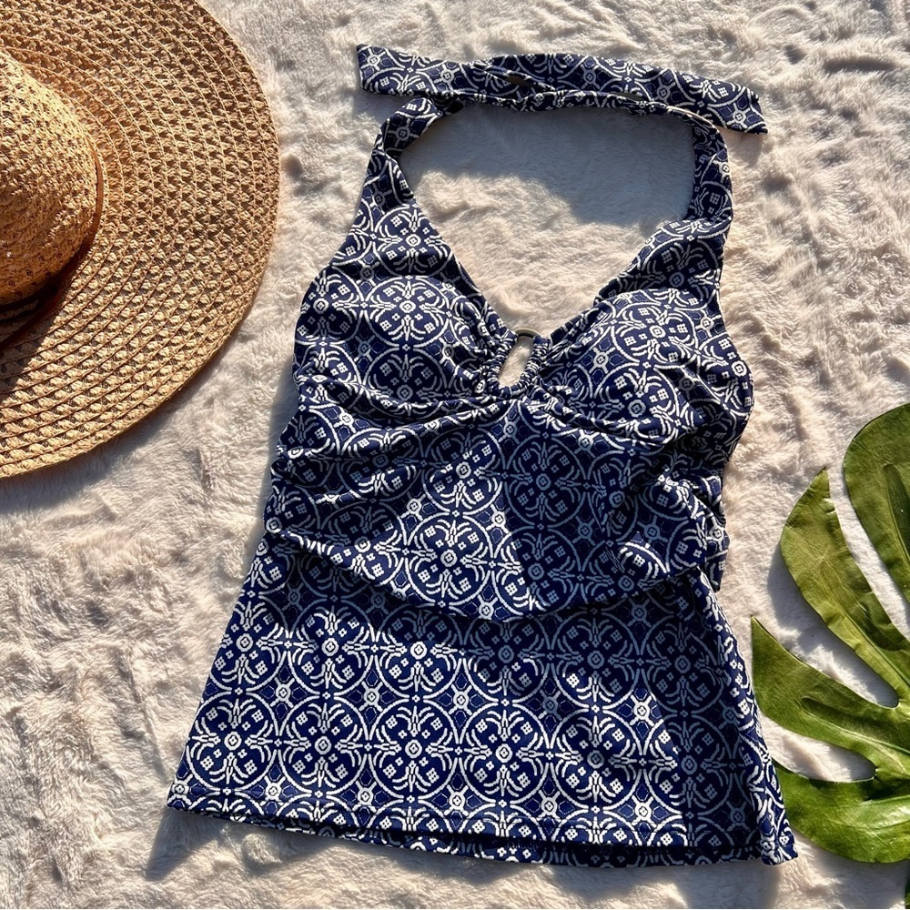 Lands’ End Blue & White Medallion Print Halter Tankini Top – Size 6